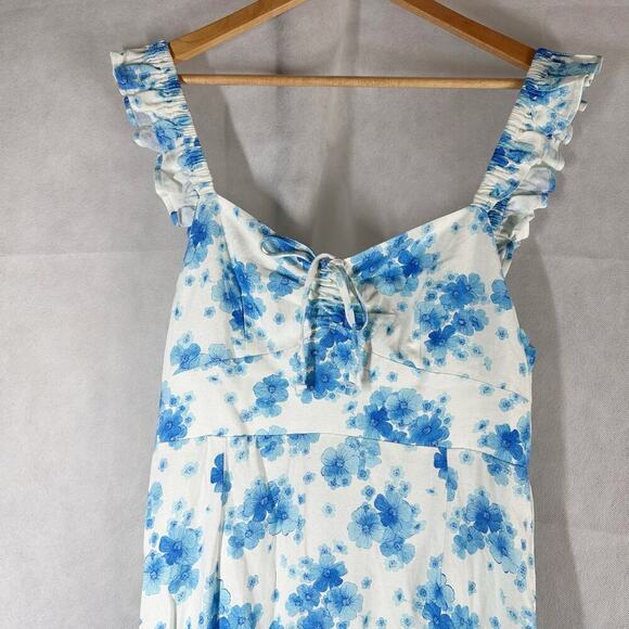 Rixo Cecile Blue Victoria Floral Midi Sun Dress Size US 10 Large Linen Blend - Picture 4 of 13